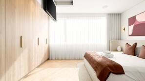 Ein modernes Schlafzimmer mit einem großen Bett, einem Kleiderschrank, einem Flachbildfernseher und einem Fenster mit durchsichtigen Vorhängen.