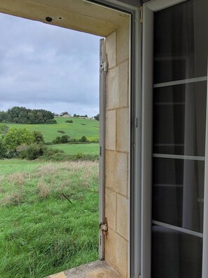 A view through a partially open door with a stone wall, leading to a grassy field and distant trees.