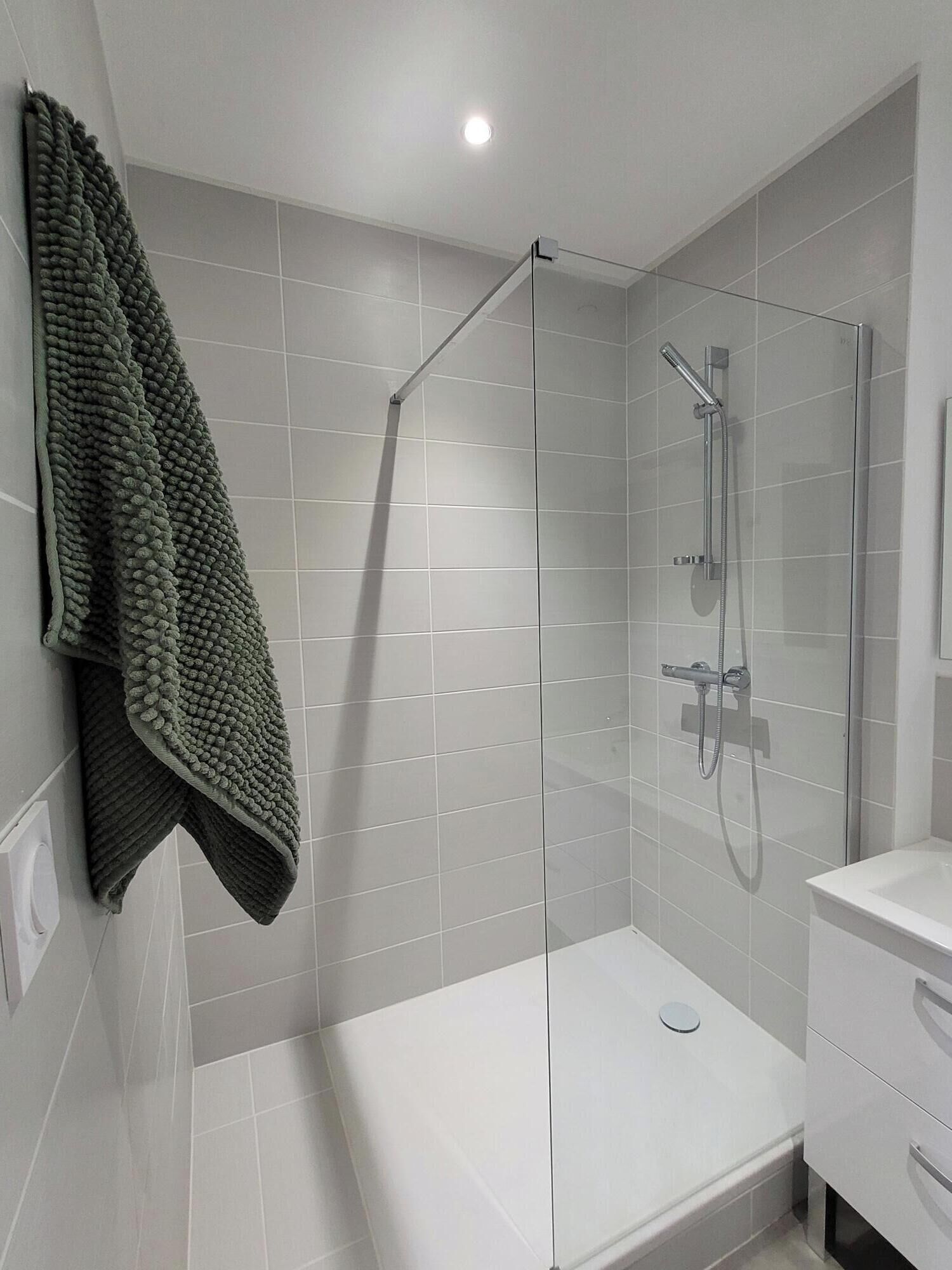 A modern shower enclosure with a glass door, a handheld showerhead, and a wall-mounted faucet.
