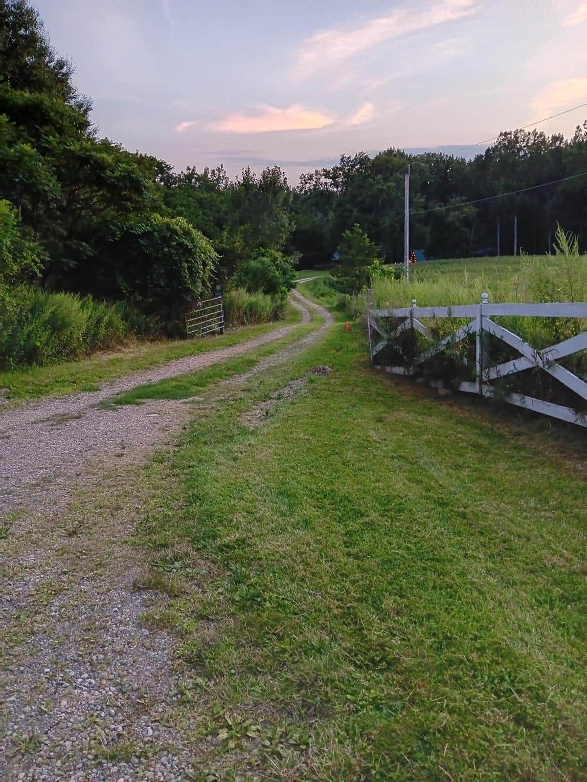 A rural pathway with a gravel path leading to a gated area.