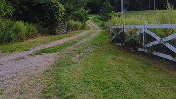A rural pathway with a gravel path leading to a gated area.