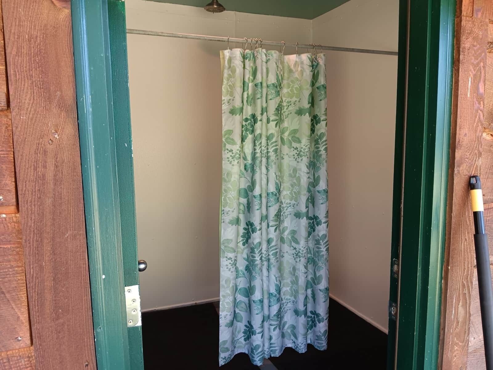 Un bagno con tenda da doccia decorata con un motivo floreale.