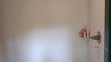 A closed door with a metal handle, a small shelf with toiletries, and a showerhead above.
