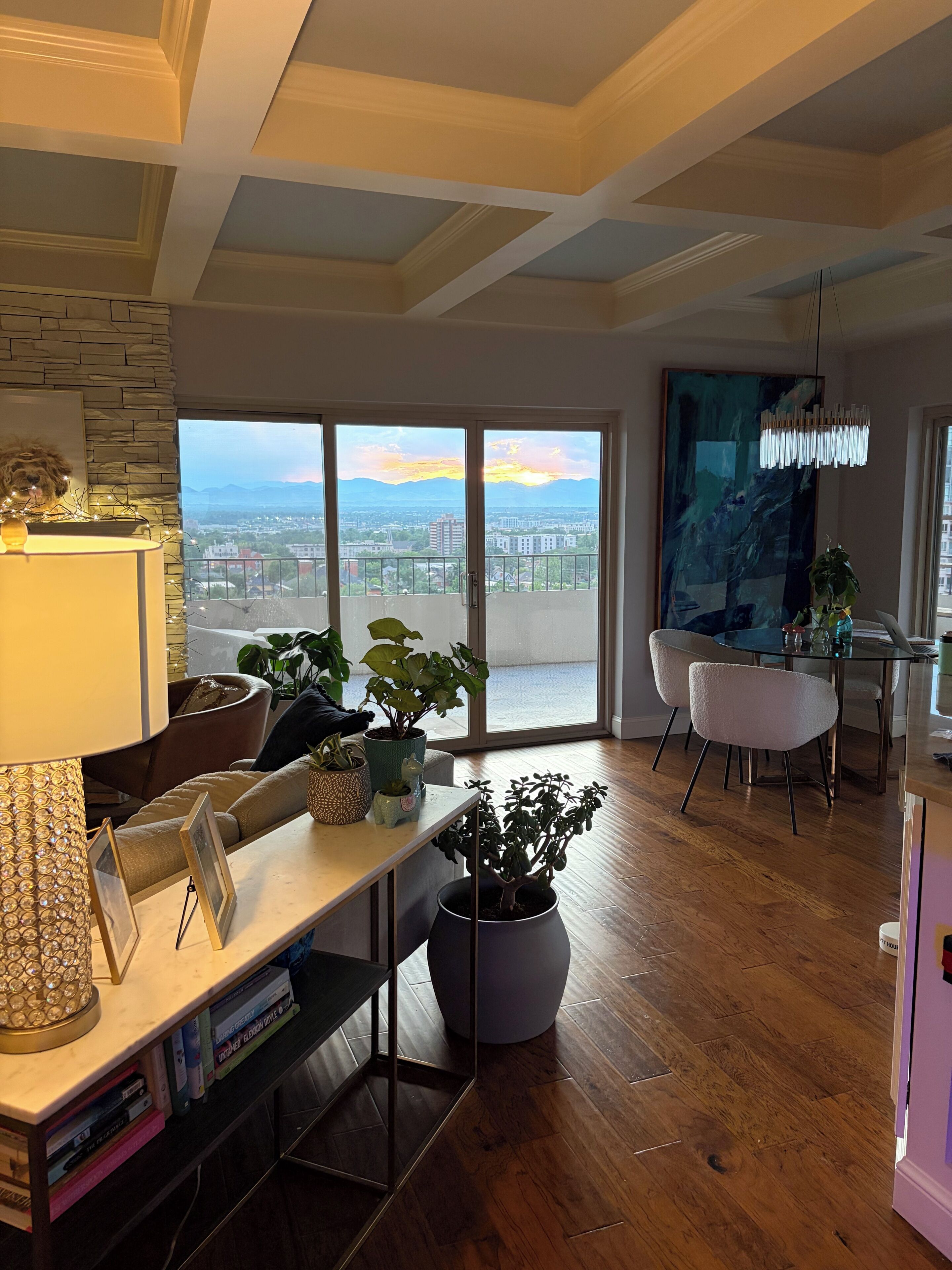 A spacious living area with a large window, a dining table, and a variety of potted plants.
