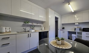 Fridge, microwave, oven, electric kettle