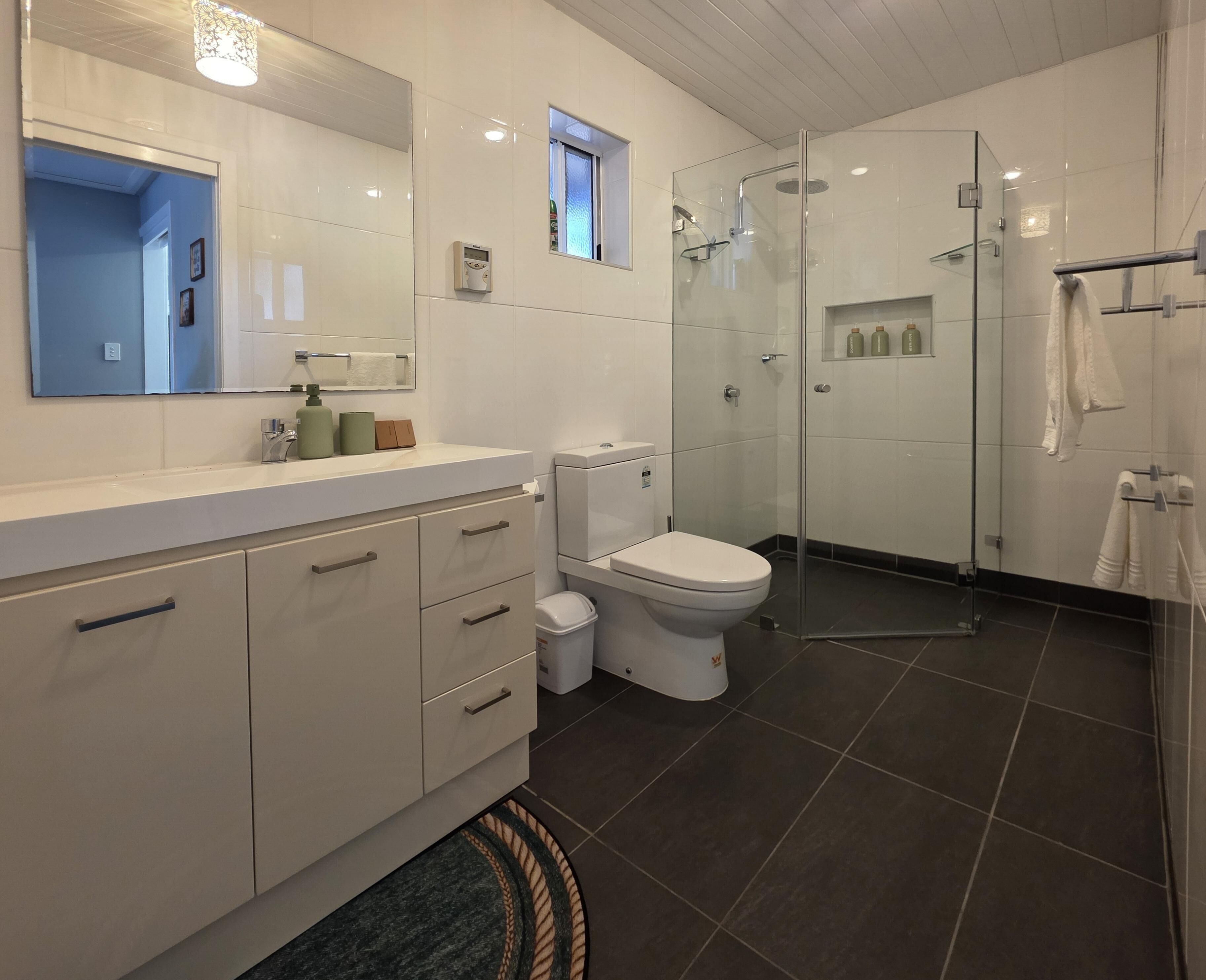 Shower, hair dryer, towels, soap