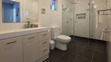Shower, hair dryer, towels, soap