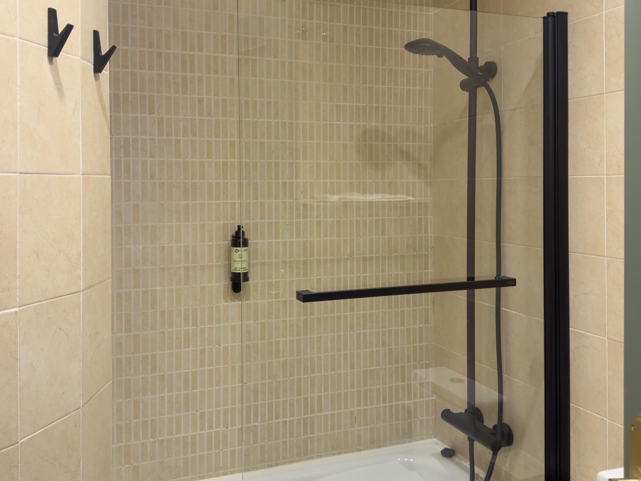 Een douchegedeelte met een glazen deur, een handdouche en een shampoo flacon aan de muur.