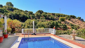 A swimming pool with a white balustrade, surrounded by potted plants and a view of a hillside. - Amazing home in Frigiliana (Frigiliana)