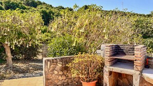 A patio area with a stone wall, a potted plant, and a brick-built barbecue grill. - Amazing home in Frigiliana (Frigiliana)