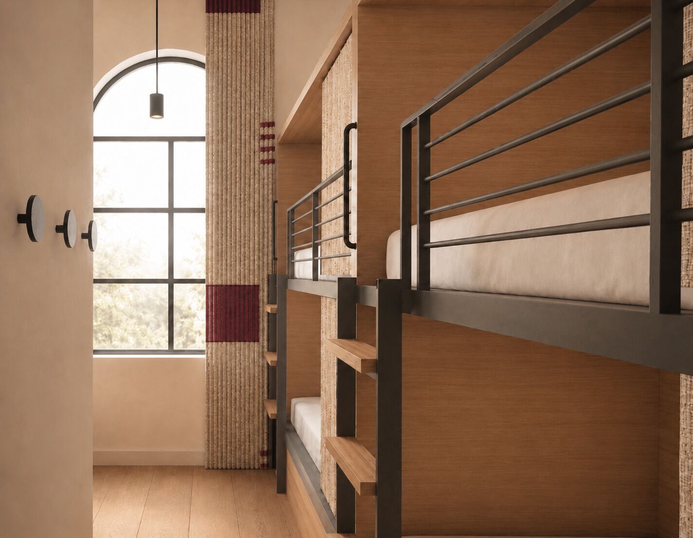 A room with bunk beds, a window with curtains, and a hanging light fixture.