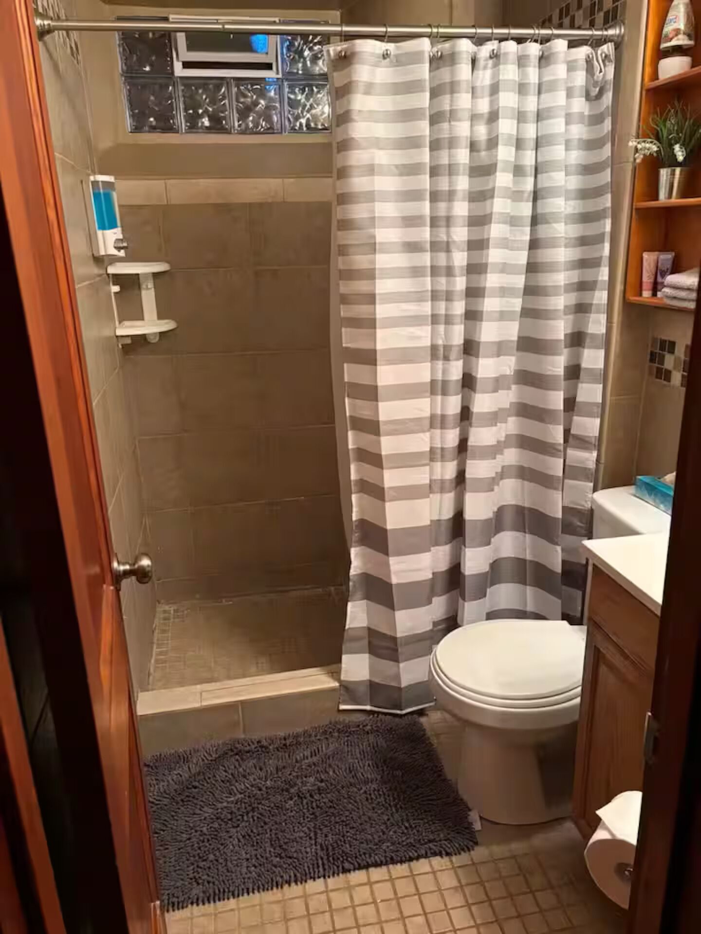 Casa de banho com chuveiro, sanita e uma pequena prateleira com artigos de higiene pessoal.