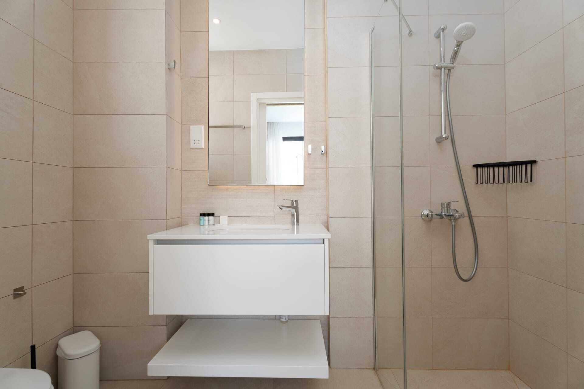 A modern bathroom with a white vanity, a shower with a handheld showerhead, and a mirror above the sink.