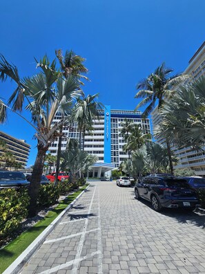 A hotel entrance with a blue vertical sign, palm trees, and a paved driveway.
