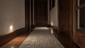 Un corridoio con pavimento in legno, un tappeto decorato e una porta in fondo.