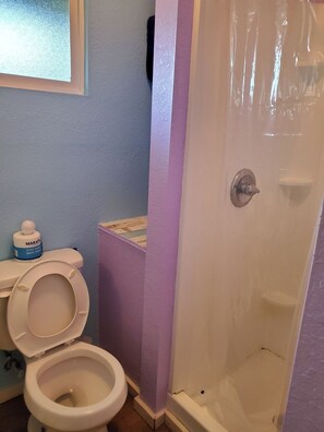 Ein Badezimmer mit Toilette, einer Duschkabine und einem an der Wand befestigten Seifenspender.