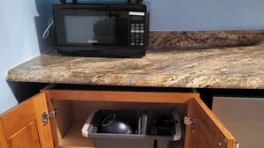 Una cucina con forno a microonde, forno elettrico e un armadio in legno con piano cottura integrato.