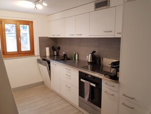 A modern kitchen with white cabinets, stainless steel appliances, and a window with a view of a snowy landscape.