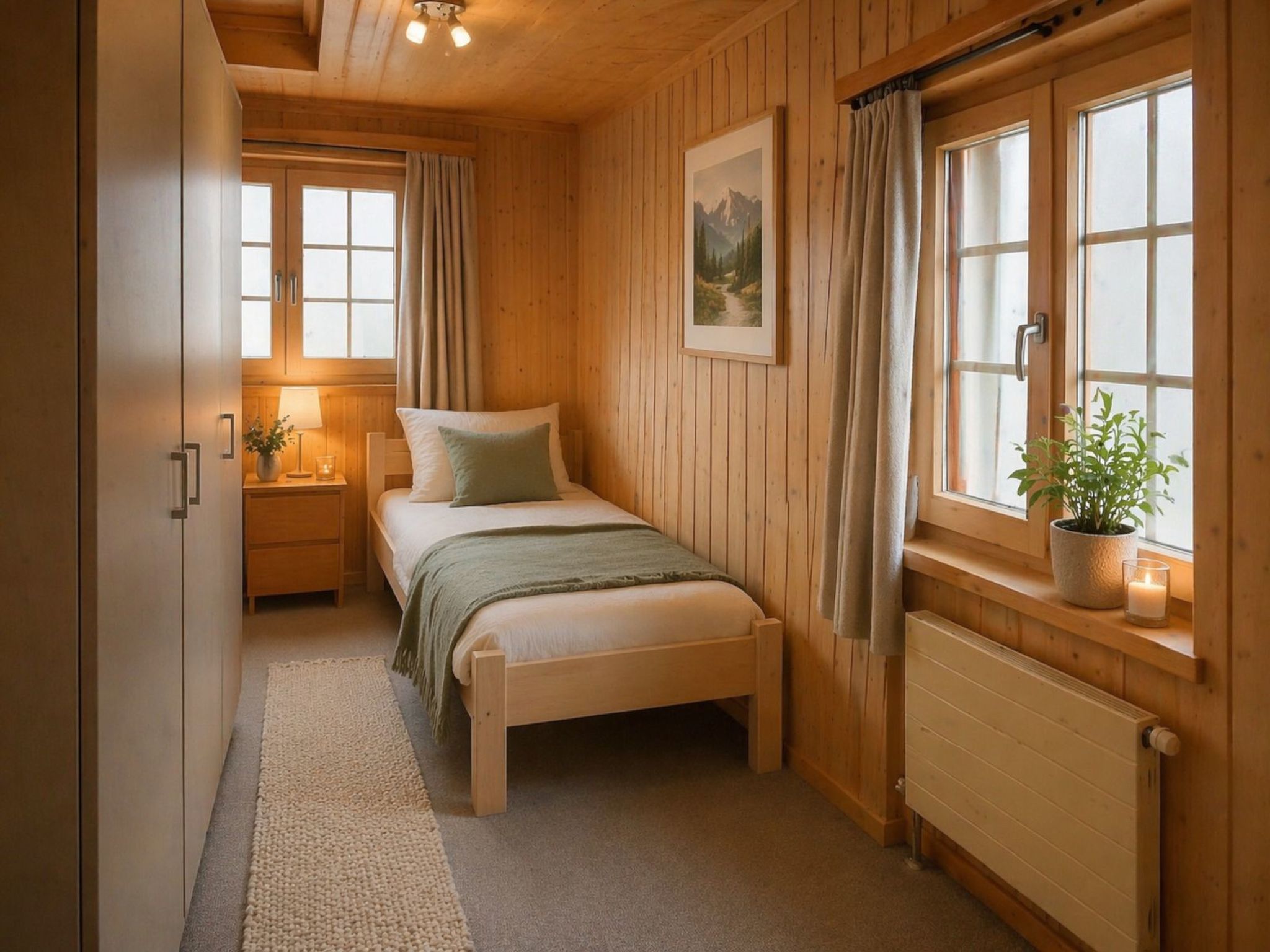 Un dormitorio acogedor con una cama de madera, una mesita de noche con lámpara, una ventana con cortinas y un radiador.