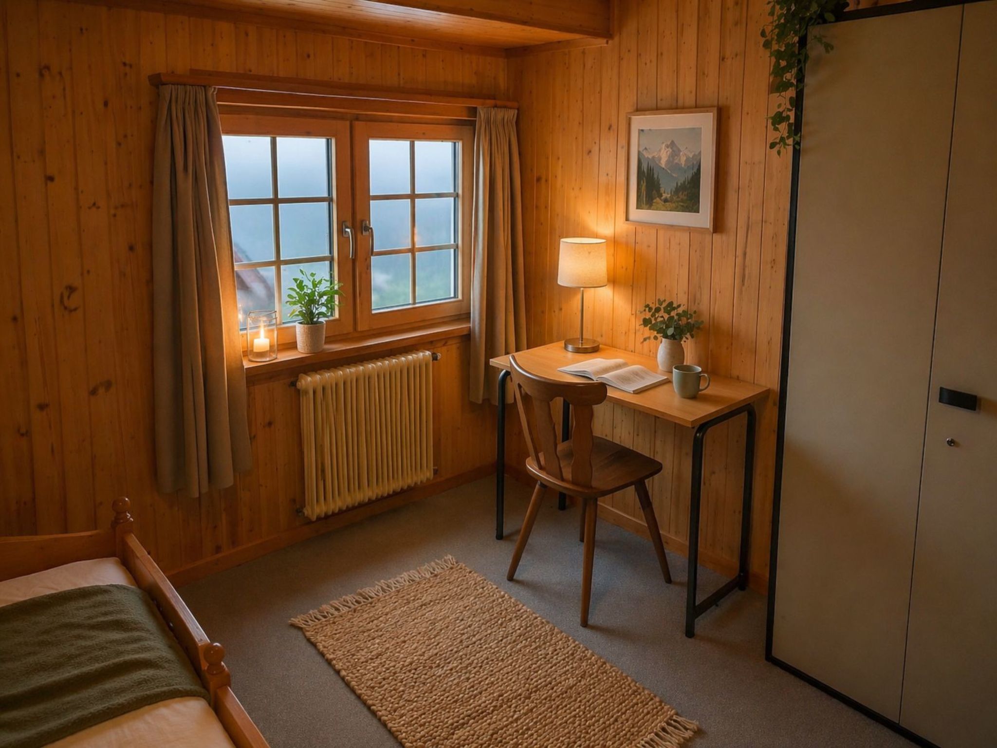 Una habitación acogedora con paredes de madera, una cama, un escritorio con silla, un radiador y una ventana con cortinas.
