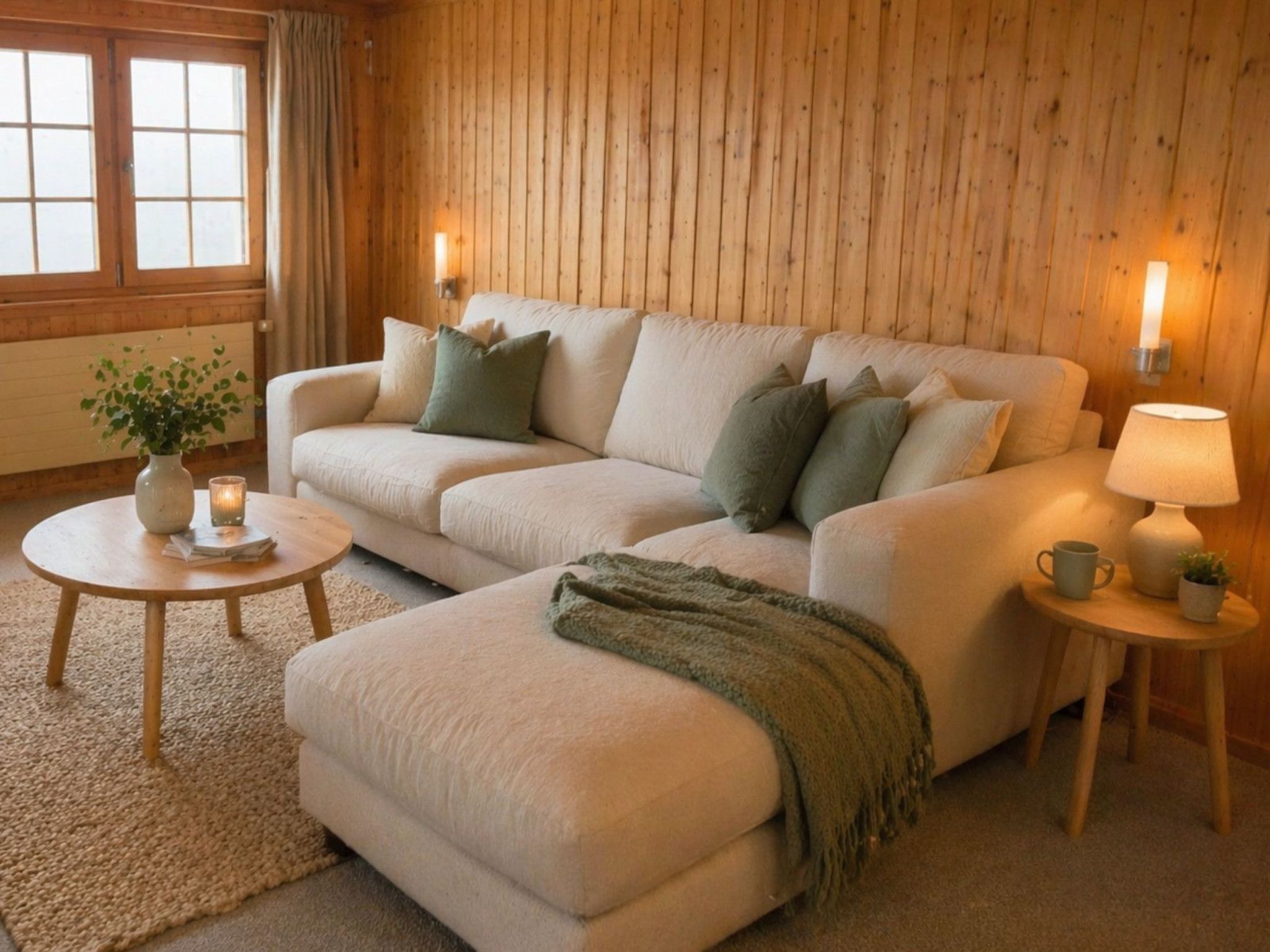 A cozy living room with a sofa, two side tables, a lamp, and a small plant.