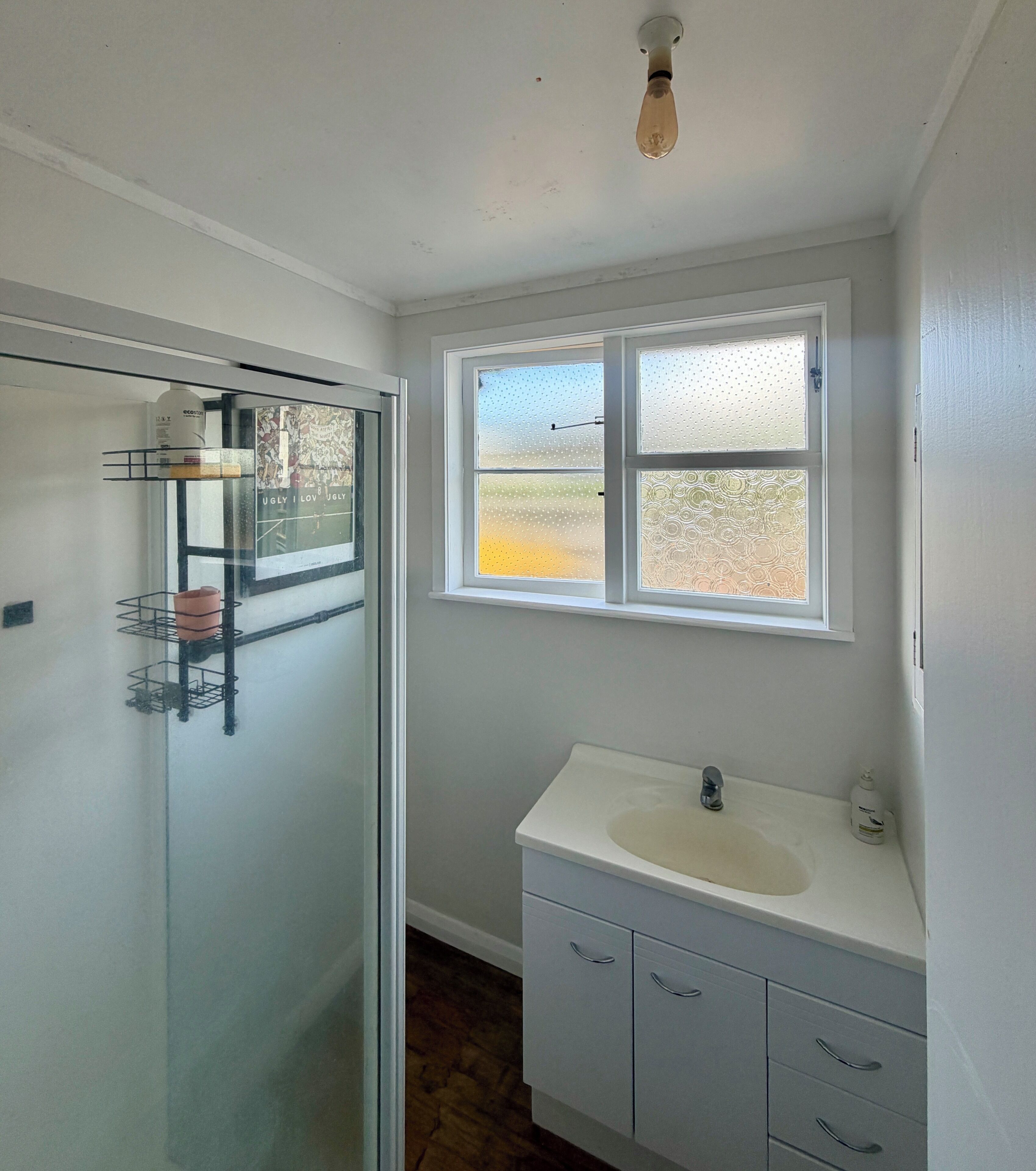 A bathroom with a glass shower enclosure, a window with a view, and a white sink with a mirror.