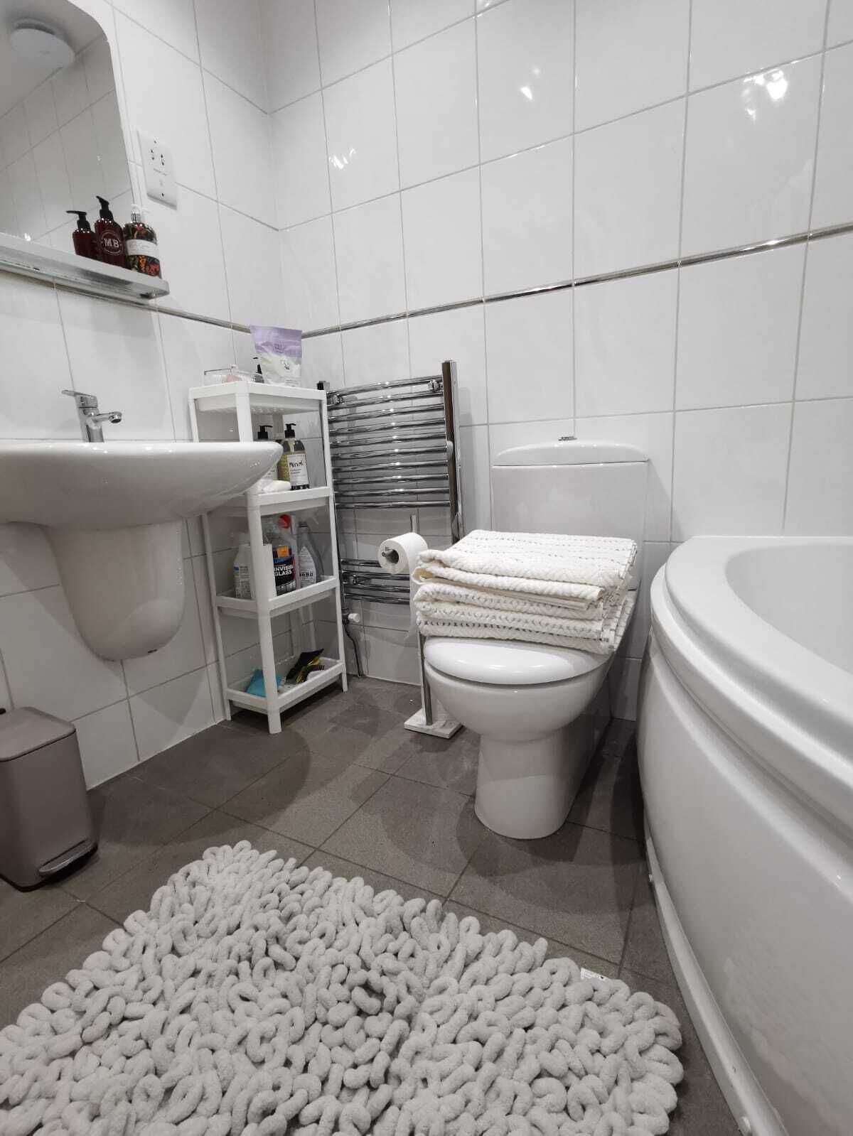 Shower, hair dryer, shampoo