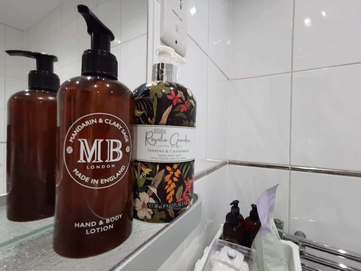 Shower, hair dryer, shampoo