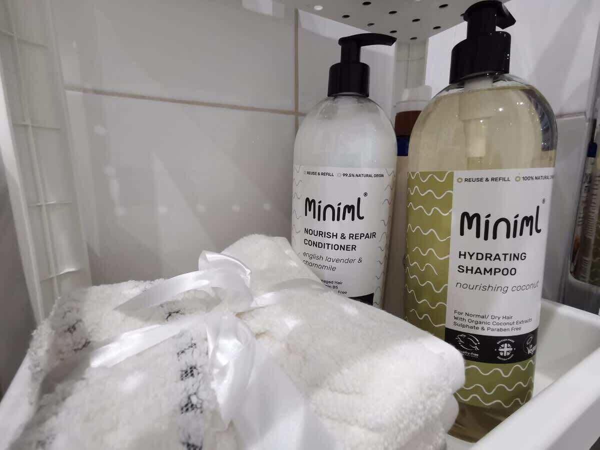 Shower, hair dryer, shampoo