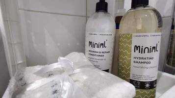 Shower, hair dryer, shampoo