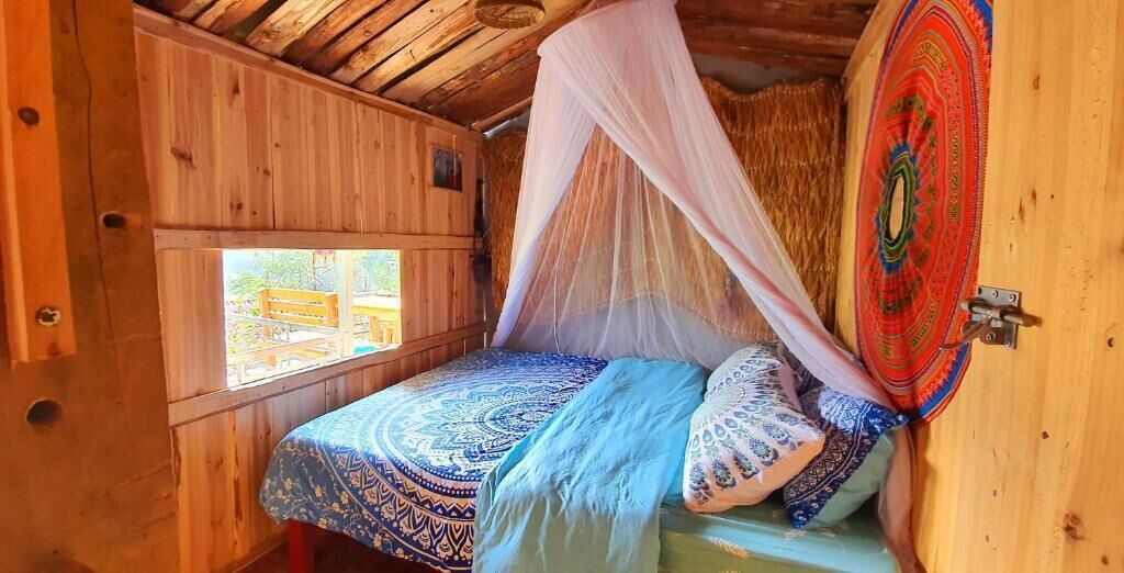 A wooden room with a bed, a window, and a door.