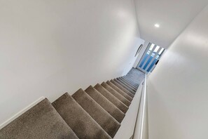 Una escalera con peldaños alfombrados que conduce a un rellano con una puerta y ventanas.