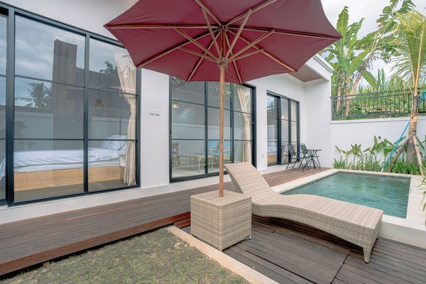 Outdoor pool, pool umbrellas, sun loungers