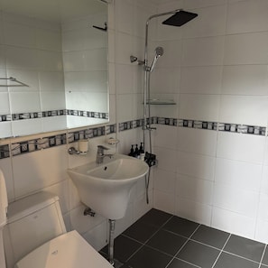FamilieTwin kamer | Badkamer | Een douche, een haardroger, handdoeken, zeep