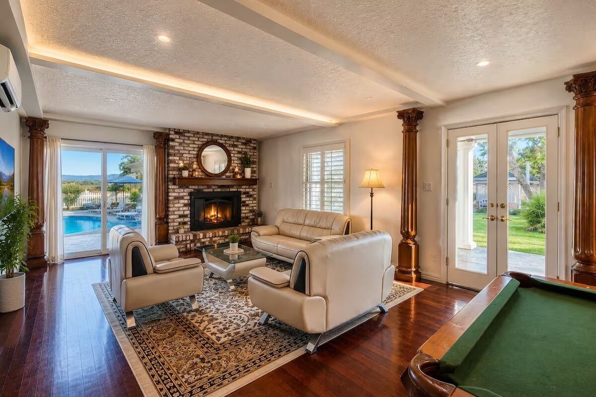 Smart TV, fireplace, books
