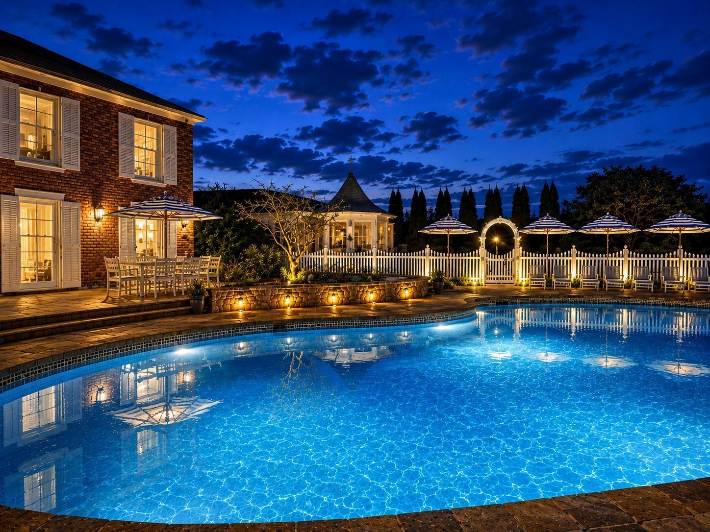A swimming pool with a stone border, a white fence, and umbrellas.
