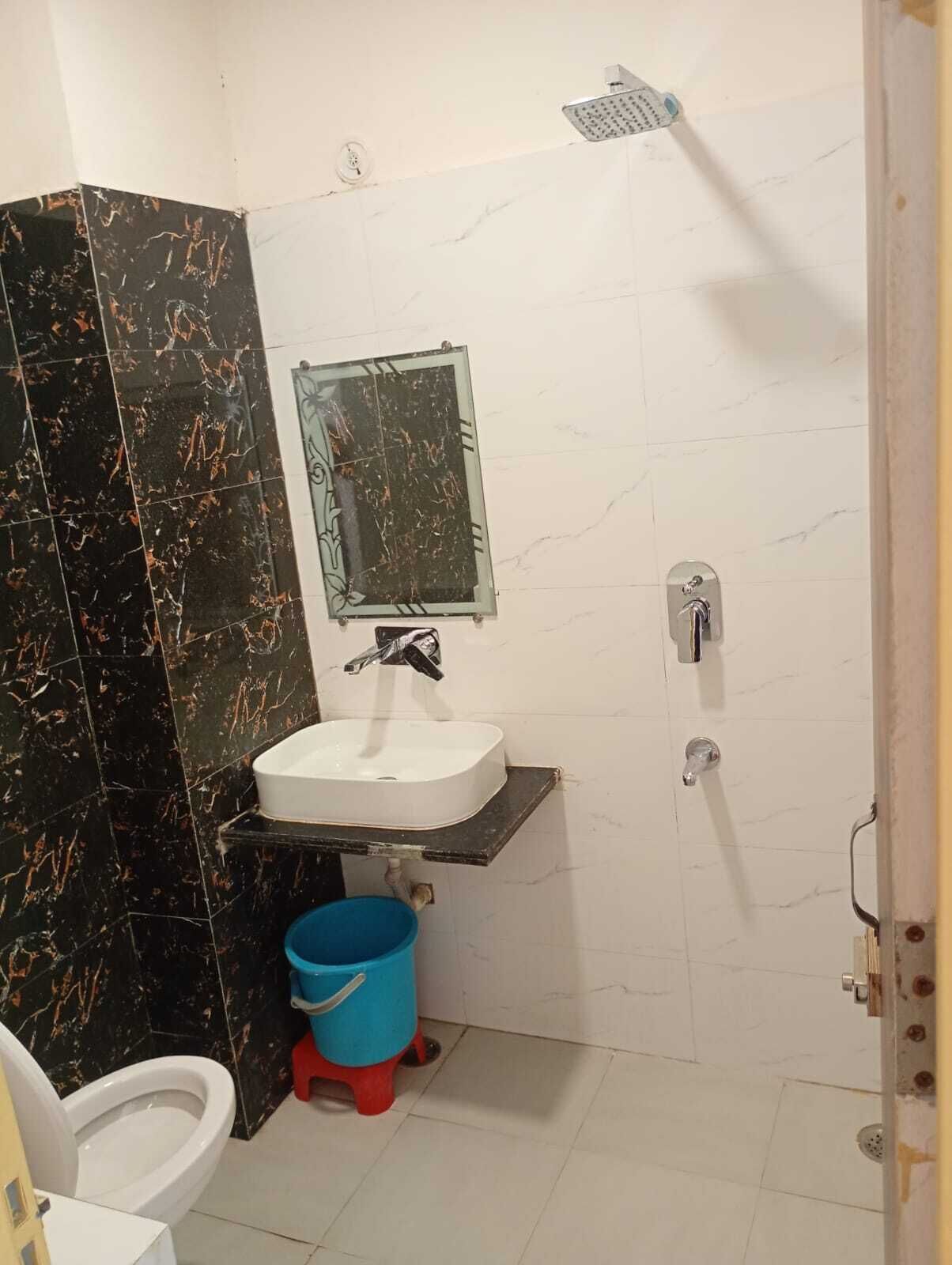 A bathroom with a white sink, a mirror, a showerhead, and a toilet.