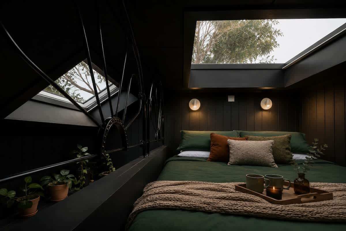 A bedroom with a skylight, a bed with green bedding, bedside lamps, and a tray with mugs.