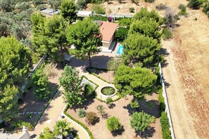Vista aérea de una zona residencial con una casa, una piscina y un jardín circular.