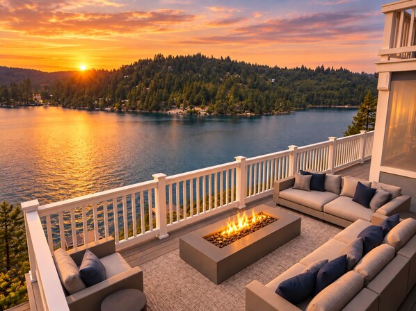 A deck with outdoor seating and a fire feature, overlooking a lake and forested hills.