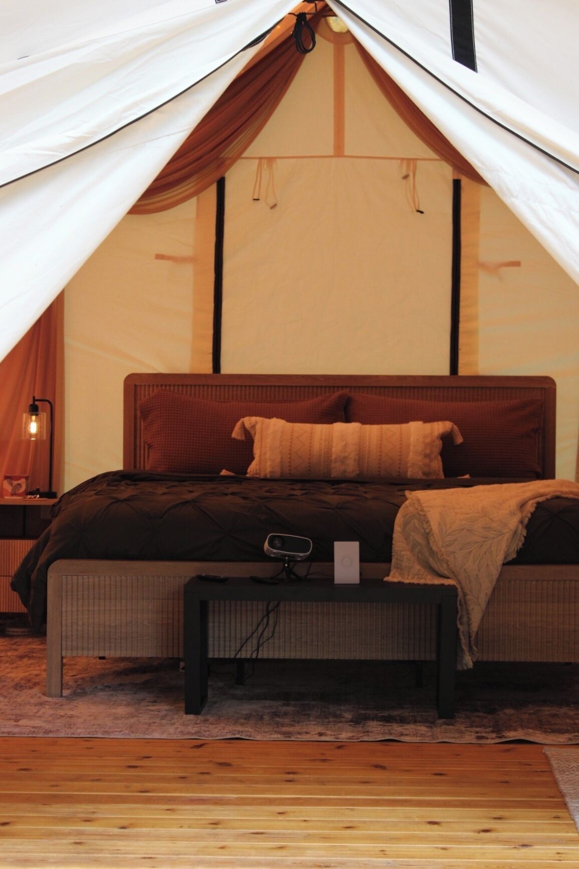 A tented room with a bed, a bedside table, and a lamp.