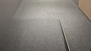 Un pasillo con piso alfombrado, puertas de madera y un bote de basura negro.