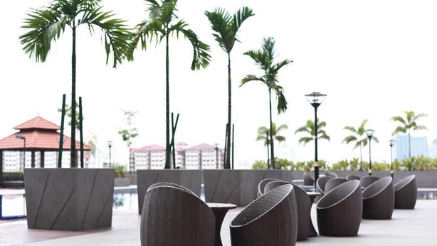 Terraza al aire libre con vista a palmeras y edificios al fondo.