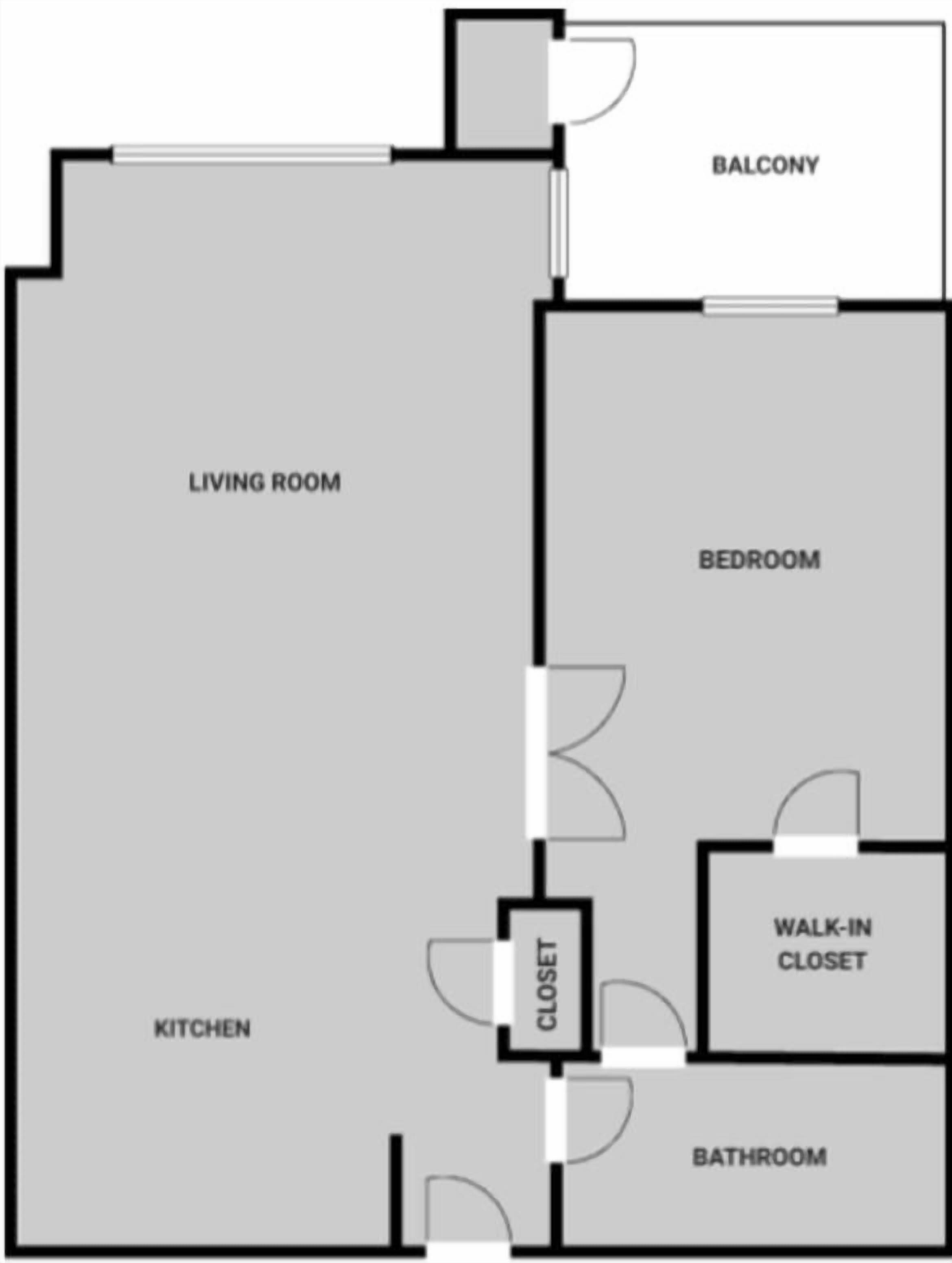 Plano de planta que muestra una sala de estar, un dormitorio, una cocina, un baño y un balcón.
