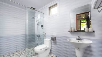Shower, free toiletries, hair dryer, toilet paper