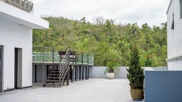 En tagterrasse med en ståltrappe, en potteplante og udsigt til en skovklædt bakke.