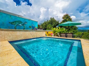 Ein Schwimmbecken mit gefliestem Rand, einem Wandbild von Meeresschildkröte und Fischen sowie Blick auf eine üppige Landschaft.