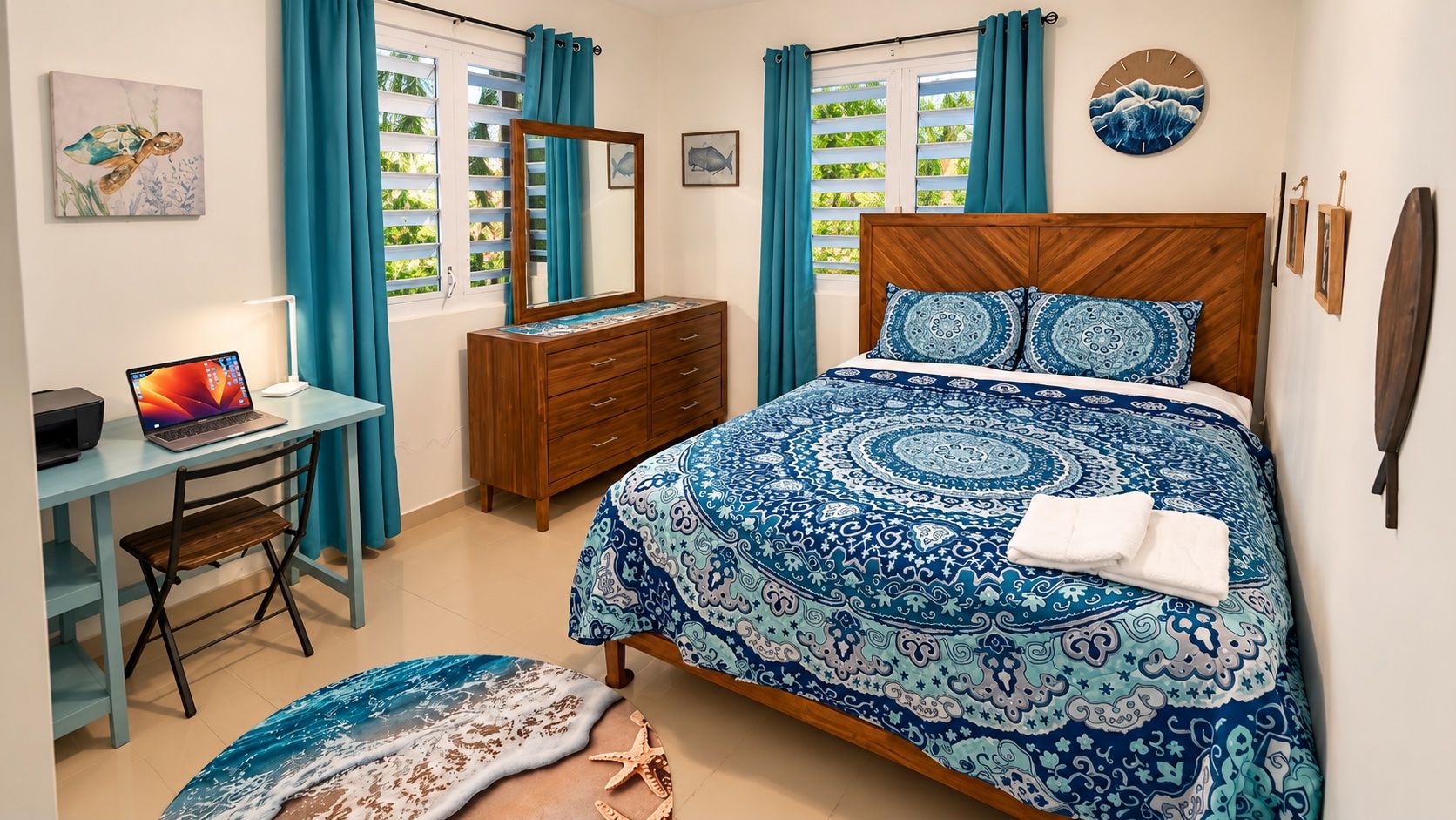 Une chambre à coucher comprenant un lit, un bureau, une chaise, une commode et un tapis.