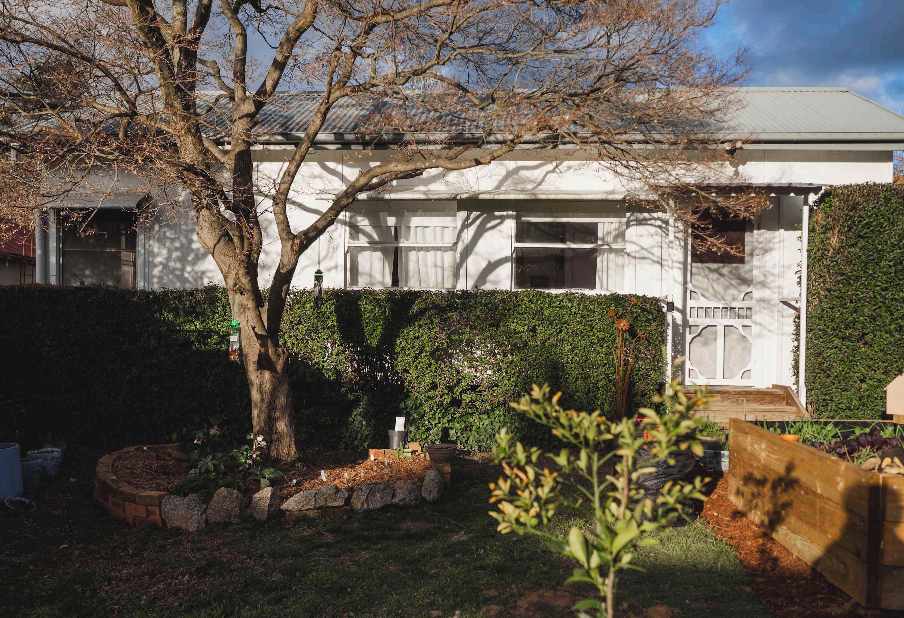 Una casa residencial con fachada blanca, un árbol en el patio delantero y un jardín bien cuidado con plantas variadas y una valla de madera.