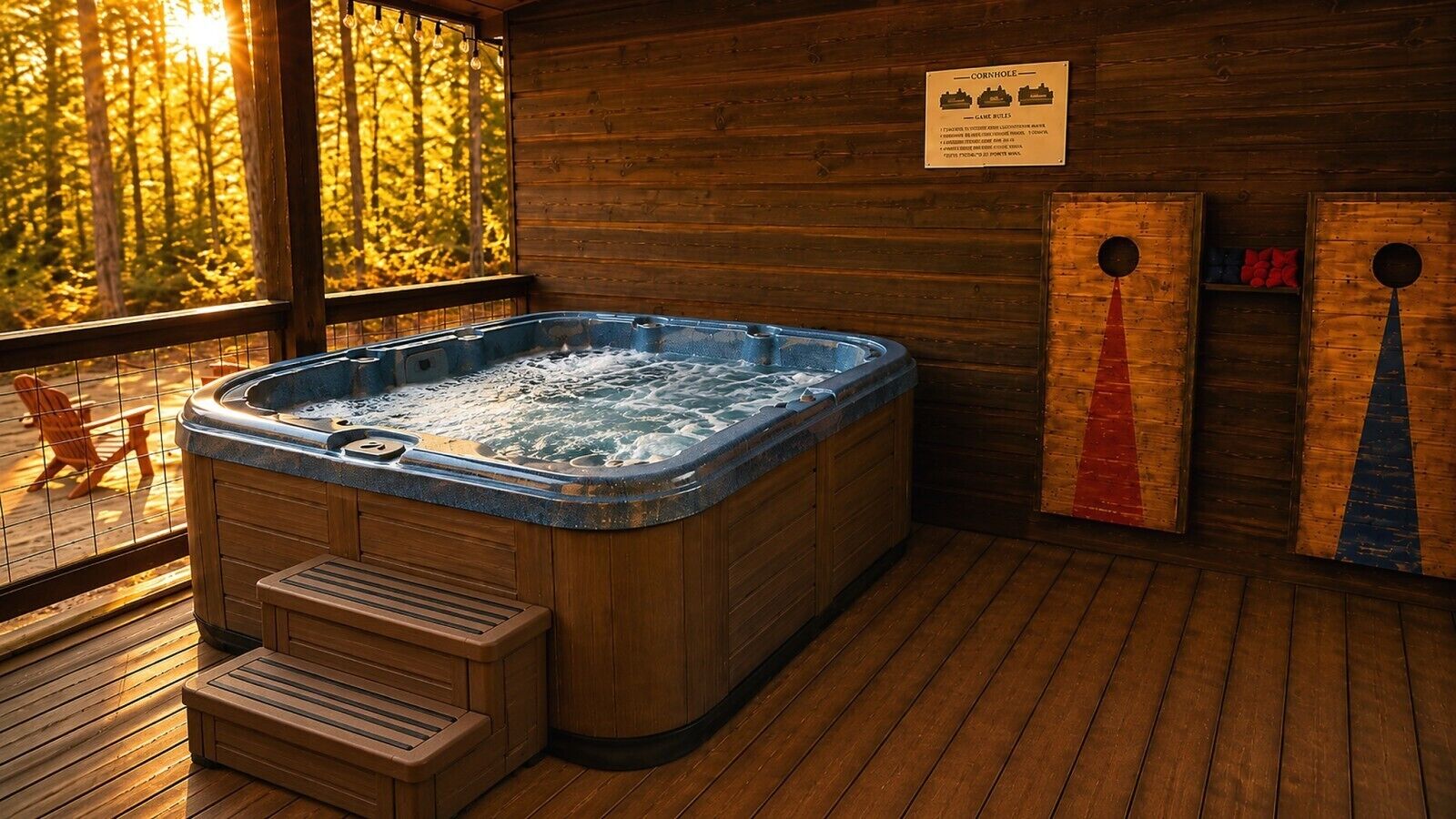 Ein Whirlpool in einer Holzblockhütte mit Blick auf einen Wald.